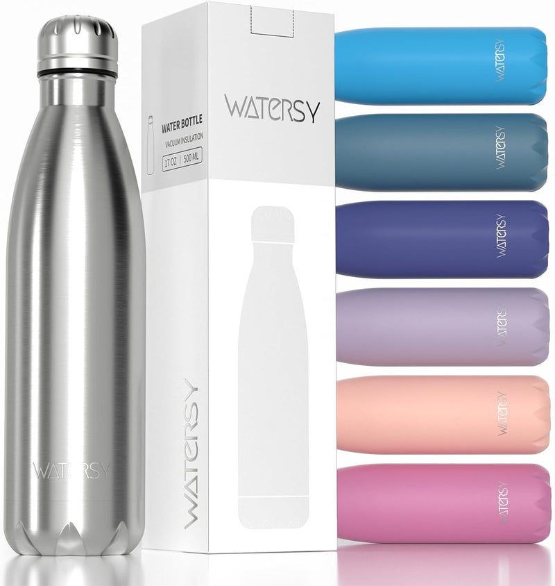 WATERSY Stainless Steel water bottles,17oz/500ml Insulated Water Bottles,Sliver metal water bottle Keeps Drink Cold and Hot,BPA Free kids water bottles for School,Gym,Travel,Sports - Image 1